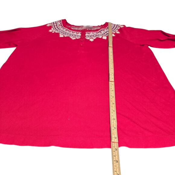 J Jill Women Medium Embroidered Henley Top Red Cotton Modal Casual Boho Festival - Picture 5 of 10